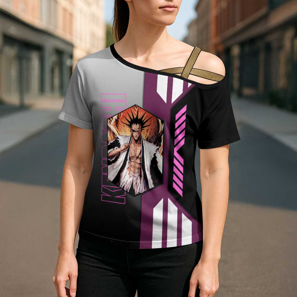 Kenpachi Zaraki from Bleach Cross Shoulder Shirt with Sword and Battle Ready Pose Design - The Mazicc