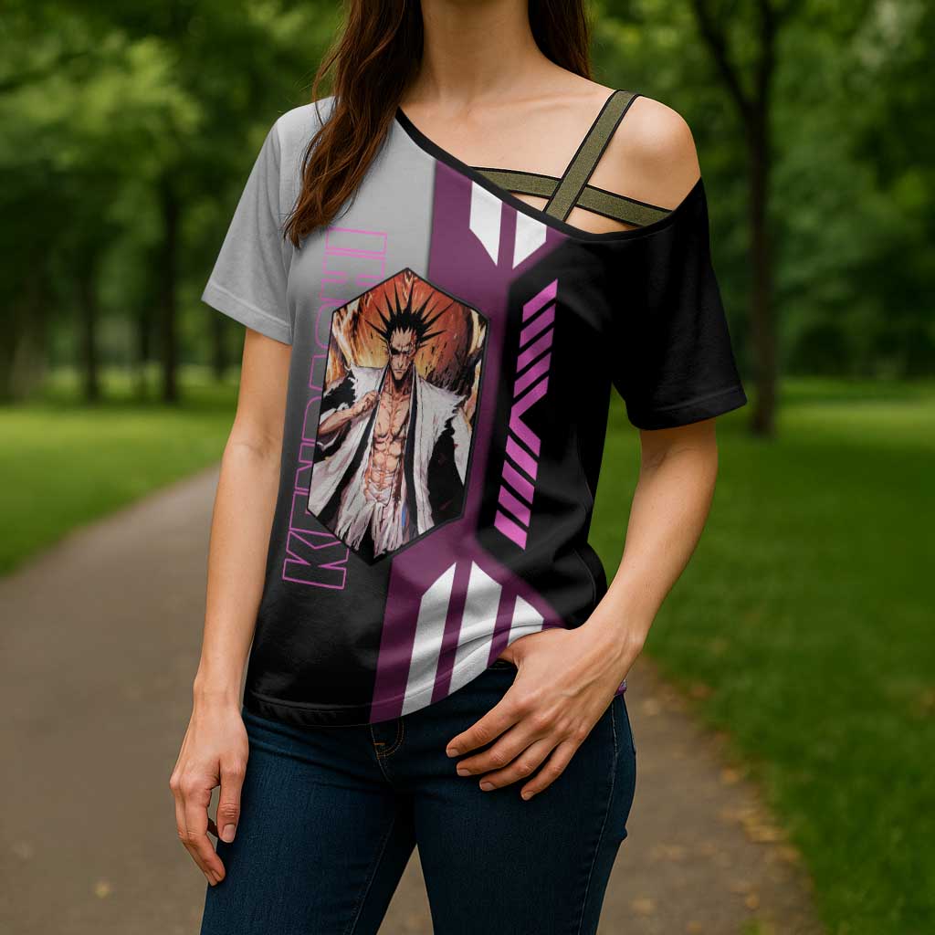 Kenpachi Zaraki from Bleach Cross Shoulder Shirt with Sword and Battle Ready Pose Design - The Mazicc