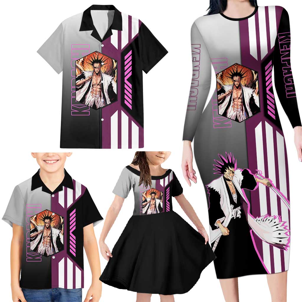 Kenpachi Zaraki from Bleach Family Matching Long Sleeve Bodycon Dress and Hawaiian Shirt with Sword and Battle Ready Pose Design - The Mazicc
