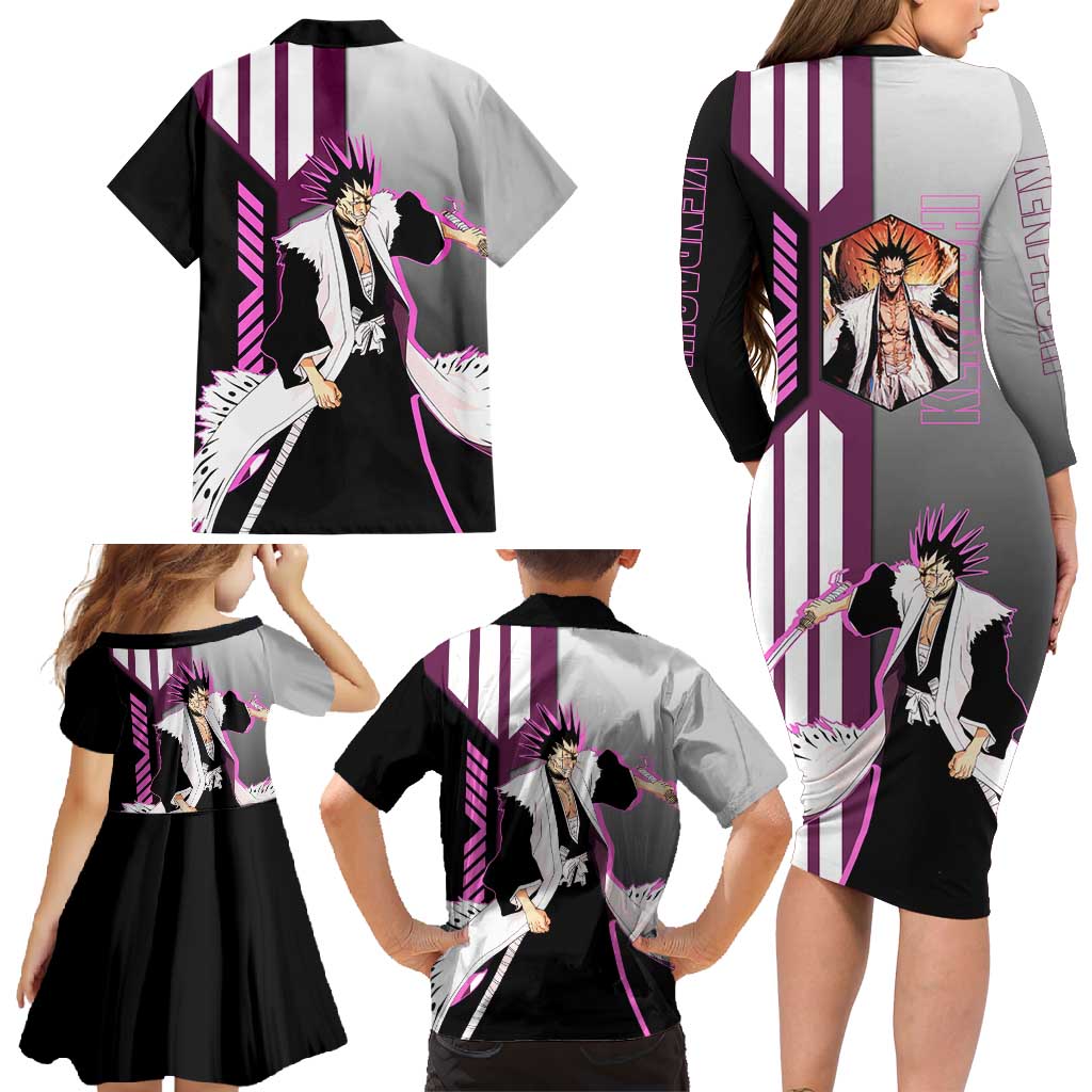 Kenpachi Zaraki from Bleach Family Matching Long Sleeve Bodycon Dress and Hawaiian Shirt with Sword and Battle Ready Pose Design - The Mazicc