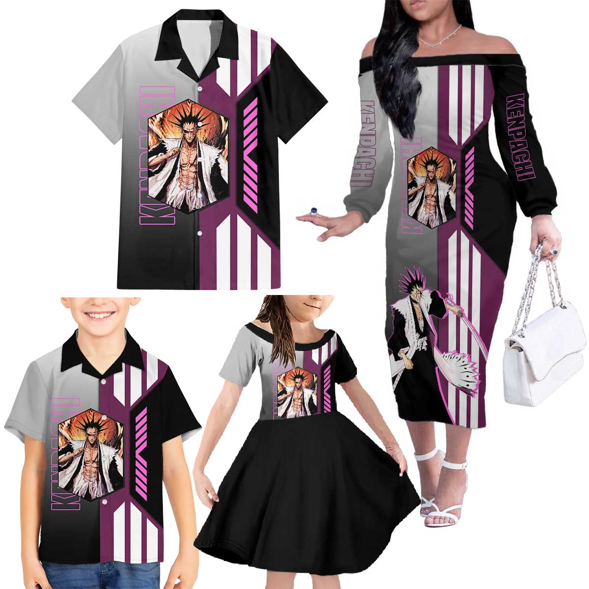 Kenpachi Zaraki from Bleach Family Matching Off The Shoulder Long Sleeve Dress and Hawaiian Shirt with Sword and Battle Ready Pose Design - The Mazicc