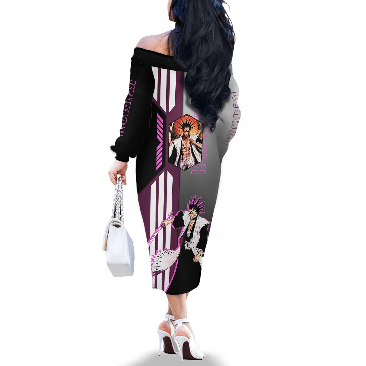 Kenpachi Zaraki from Bleach Family Matching Off The Shoulder Long Sleeve Dress and Hawaiian Shirt with Sword and Battle Ready Pose Design - The Mazicc