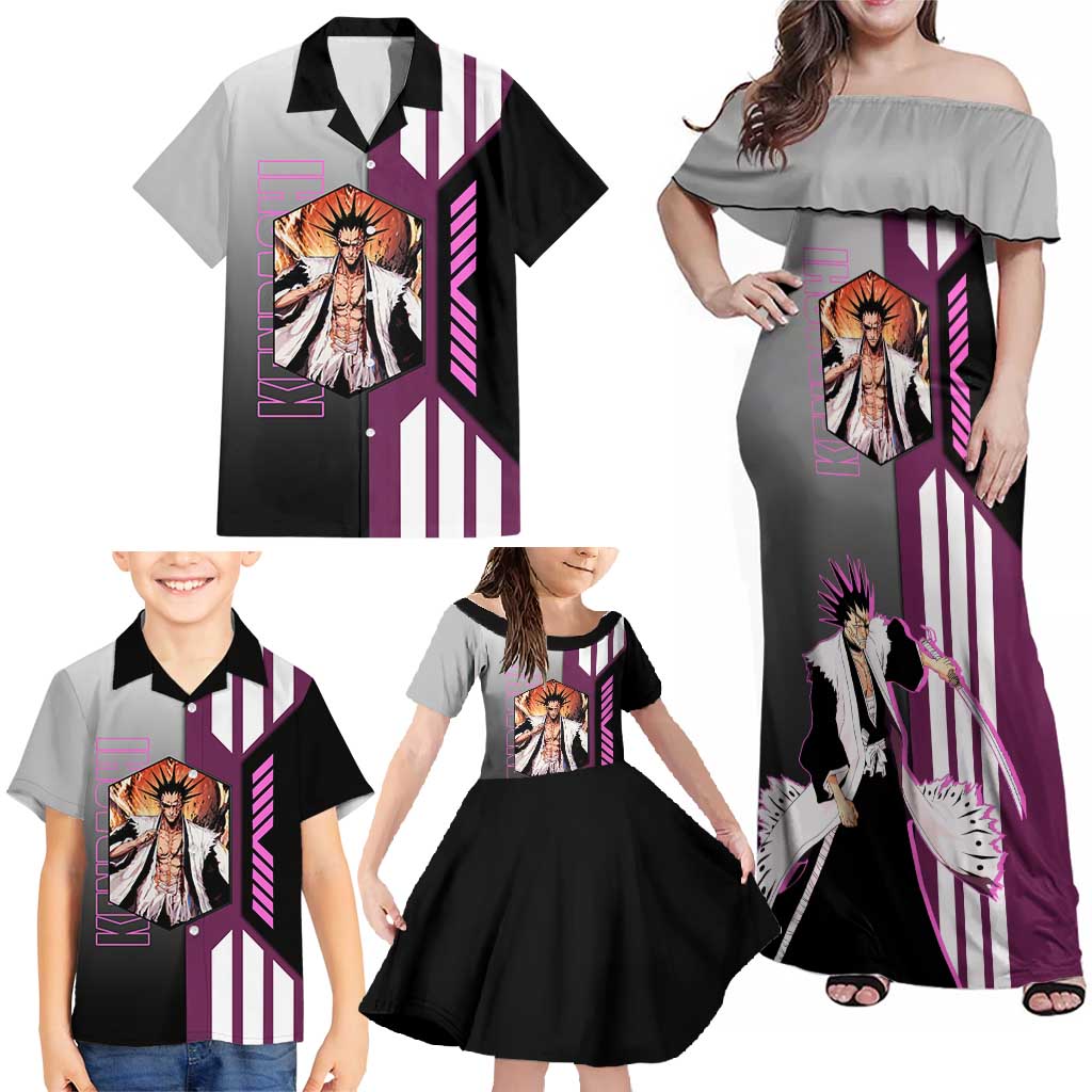 Kenpachi Zaraki from Bleach Family Matching Off Shoulder Maxi Dress and Hawaiian Shirt with Sword and Battle Ready Pose Design - The Mazicc