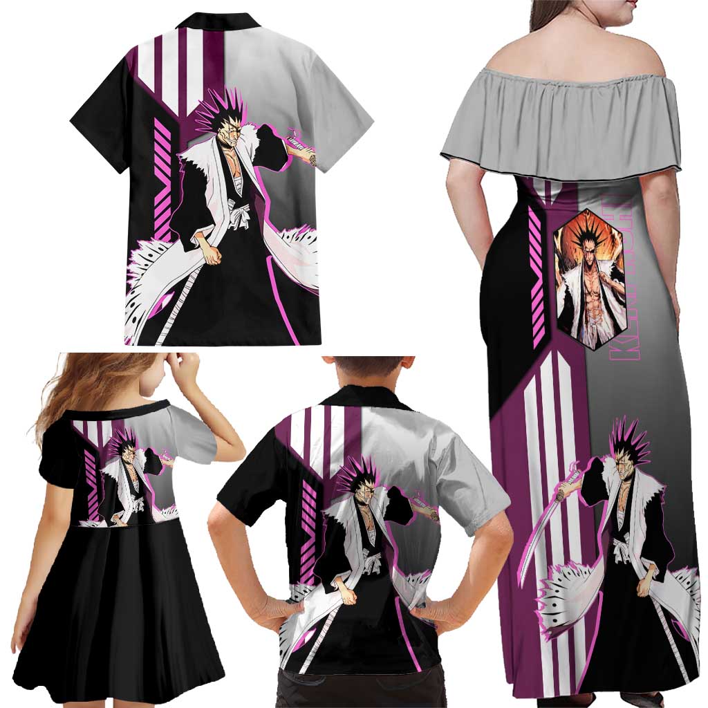 Kenpachi Zaraki from Bleach Family Matching Off Shoulder Maxi Dress and Hawaiian Shirt with Sword and Battle Ready Pose Design - The Mazicc