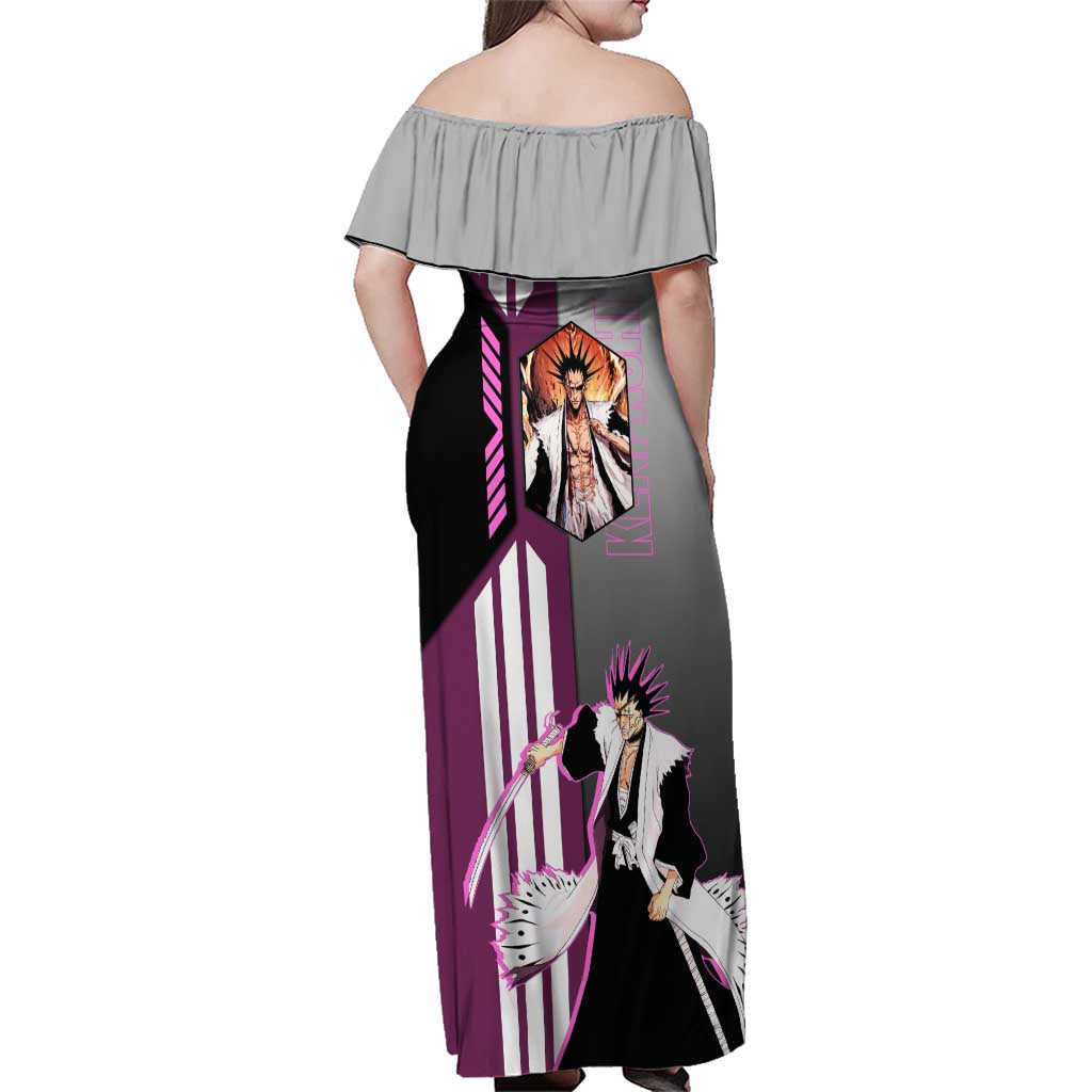 Kenpachi Zaraki from Bleach Family Matching Off Shoulder Maxi Dress and Hawaiian Shirt with Sword and Battle Ready Pose Design - The Mazicc