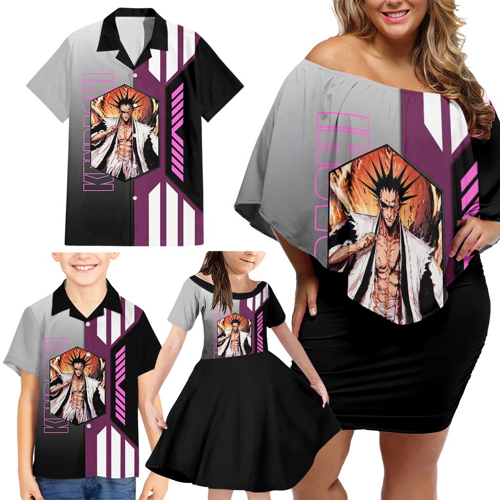 Kenpachi Zaraki from Bleach Family Matching Off Shoulder Short Dress and Hawaiian Shirt with Sword and Battle Ready Pose Design - The Mazicc