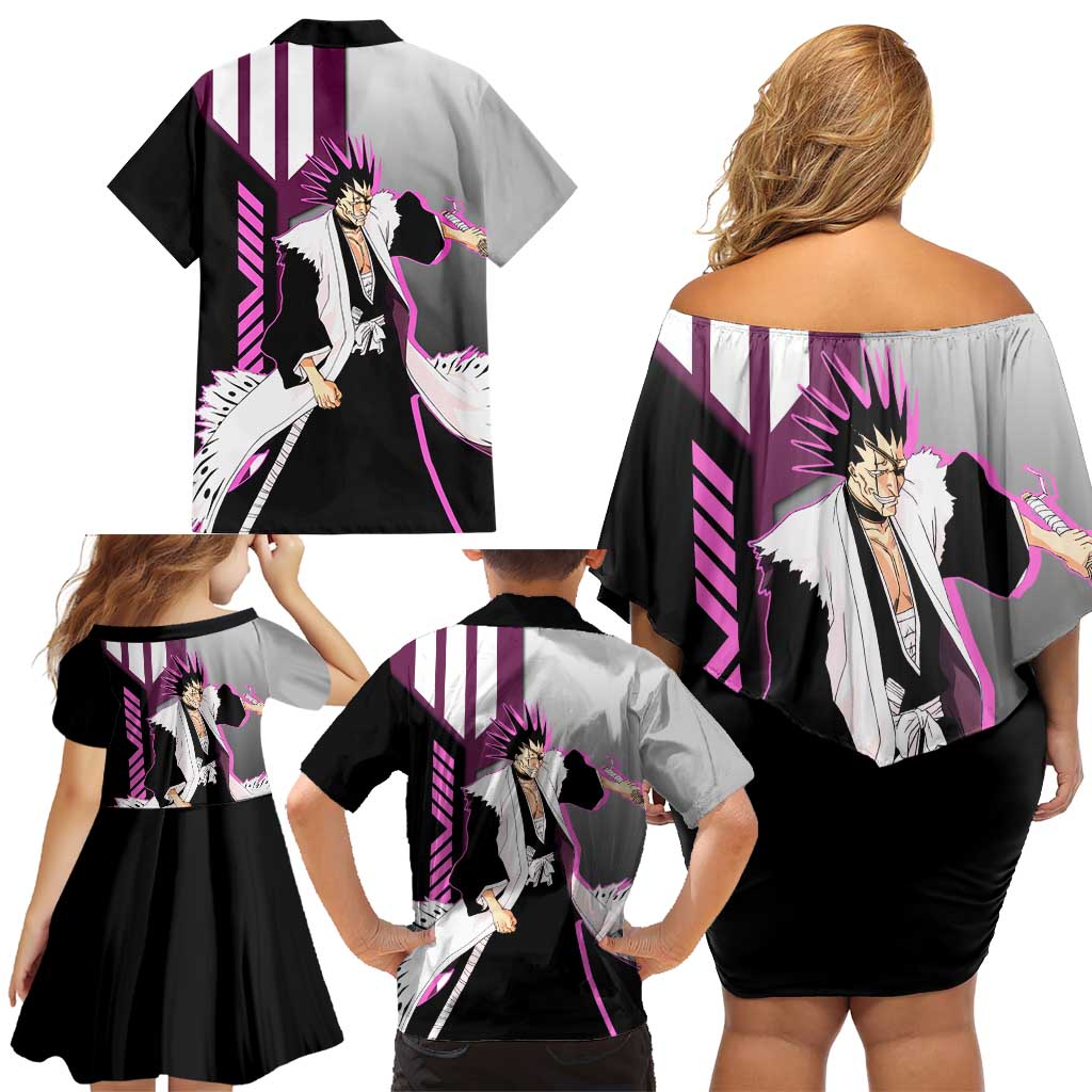 Kenpachi Zaraki from Bleach Family Matching Off Shoulder Short Dress and Hawaiian Shirt with Sword and Battle Ready Pose Design - The Mazicc