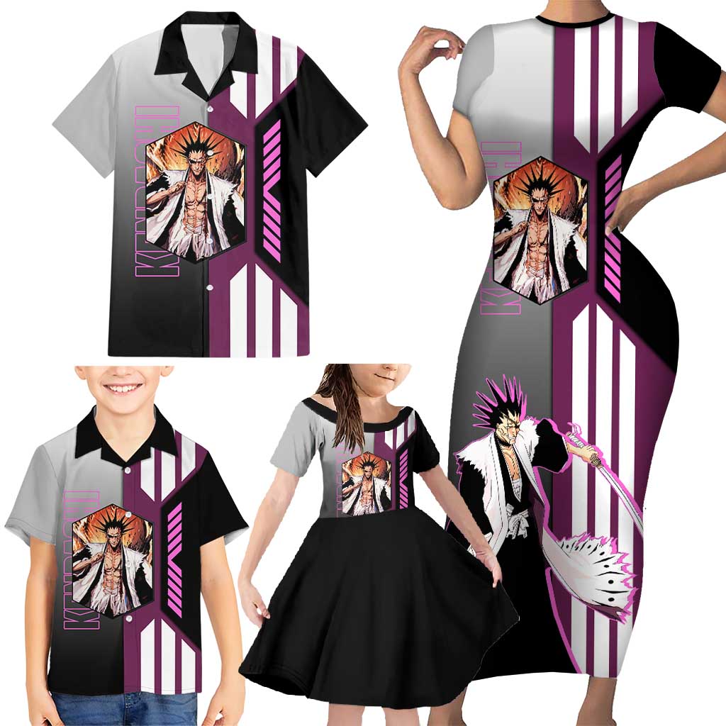 Kenpachi Zaraki from Bleach Family Matching Short Sleeve Bodycon Dress and Hawaiian Shirt with Sword and Battle Ready Pose Design - The Mazicc