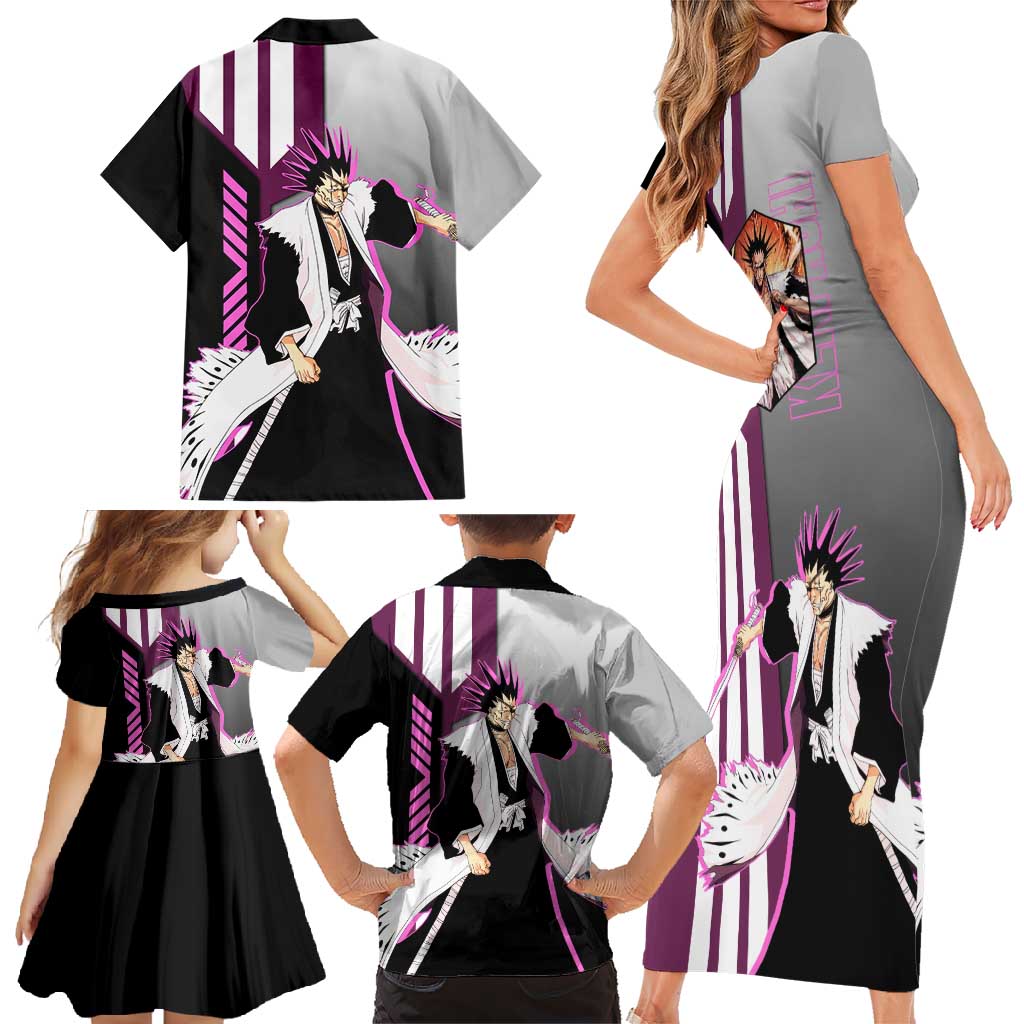 Kenpachi Zaraki from Bleach Family Matching Short Sleeve Bodycon Dress and Hawaiian Shirt with Sword and Battle Ready Pose Design - The Mazicc