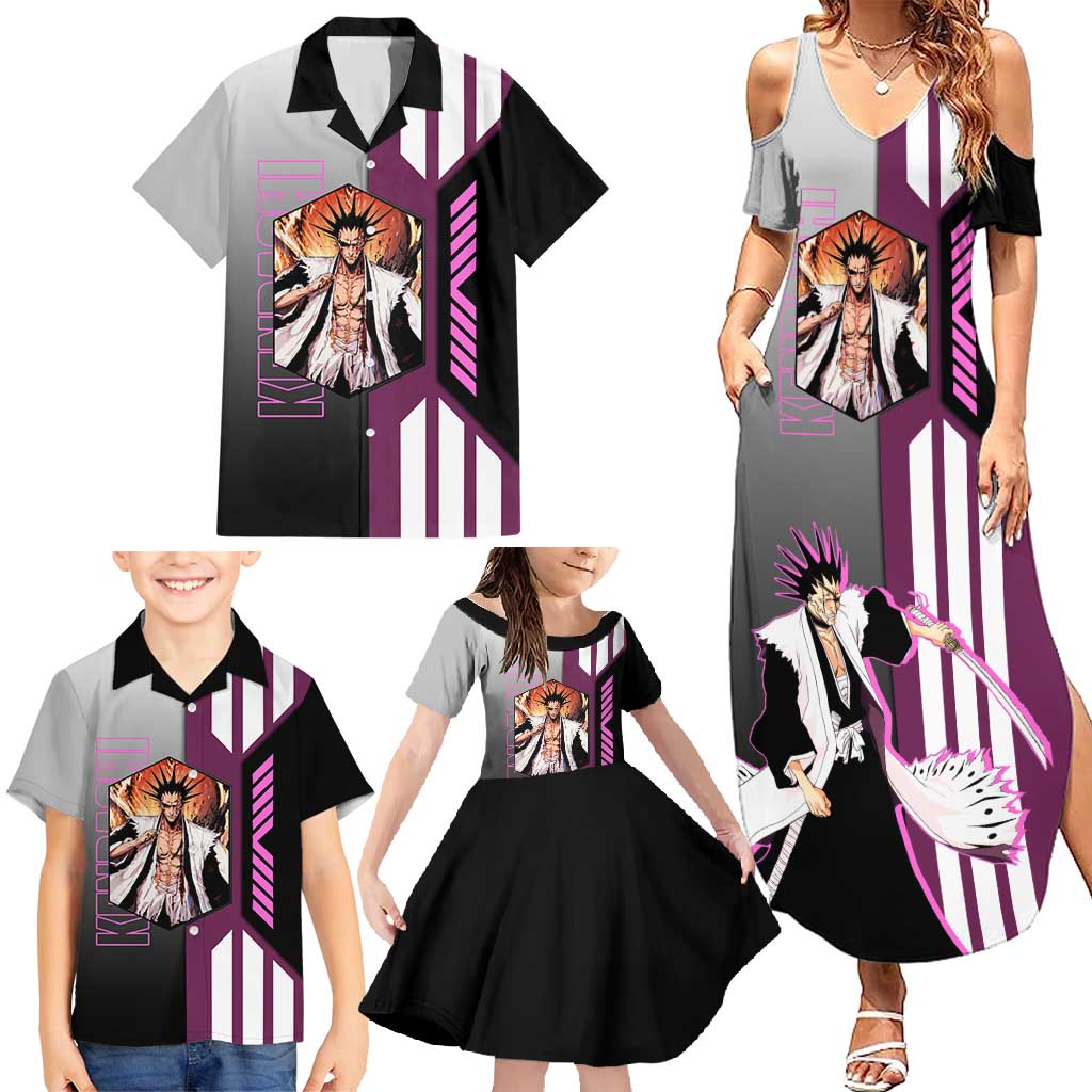 Kenpachi Zaraki from Bleach Family Matching Summer Maxi Dress and Hawaiian Shirt with Sword and Battle Ready Pose Design - The Mazicc
