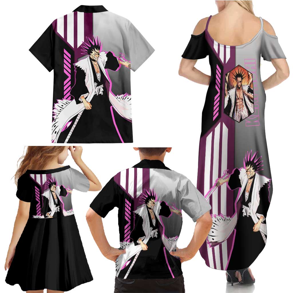 Kenpachi Zaraki from Bleach Family Matching Summer Maxi Dress and Hawaiian Shirt with Sword and Battle Ready Pose Design - The Mazicc