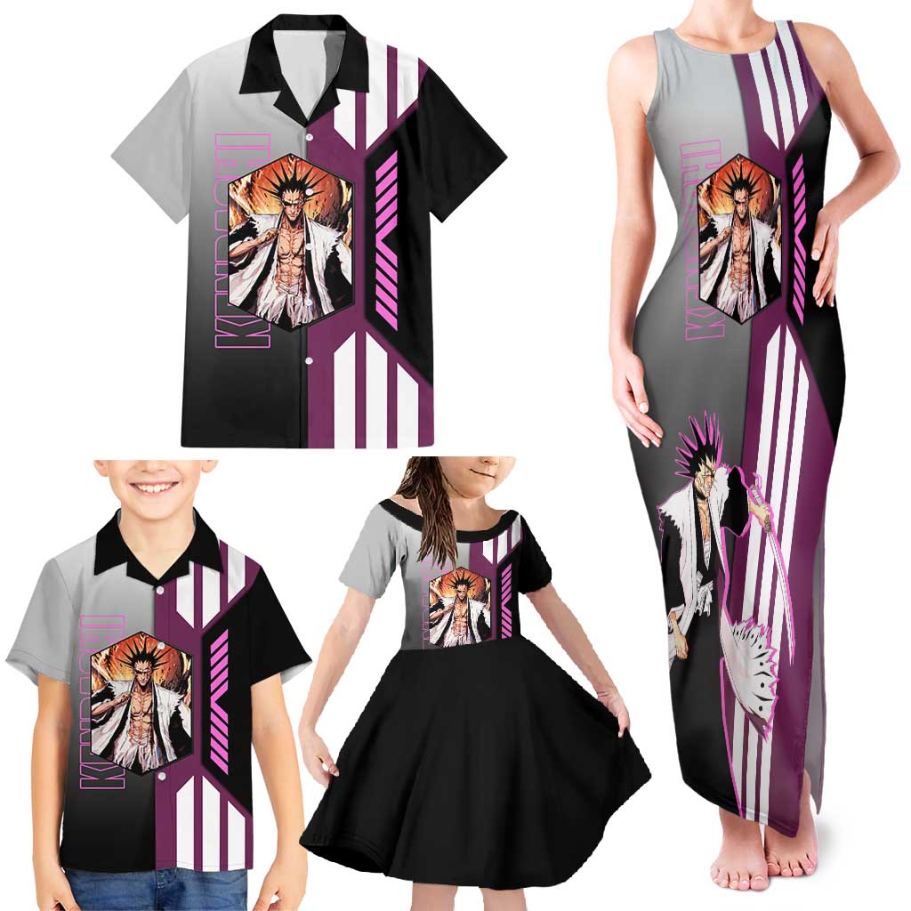 Kenpachi Zaraki from Bleach Family Matching Tank Maxi Dress and Hawaiian Shirt with Sword and Battle Ready Pose Design - The Mazicc