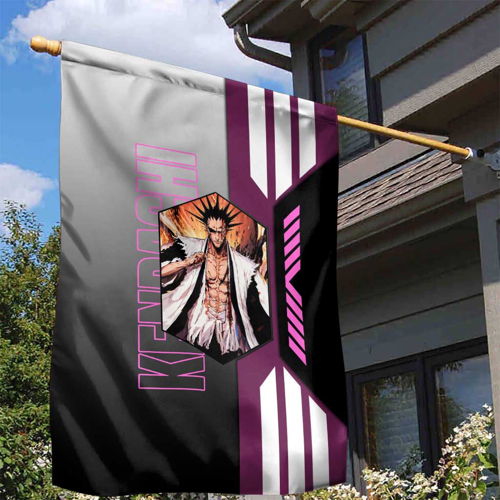 Kenpachi Zaraki from Bleach Garden Flag with Sword and Battle Ready Pose Design - The Mazicc