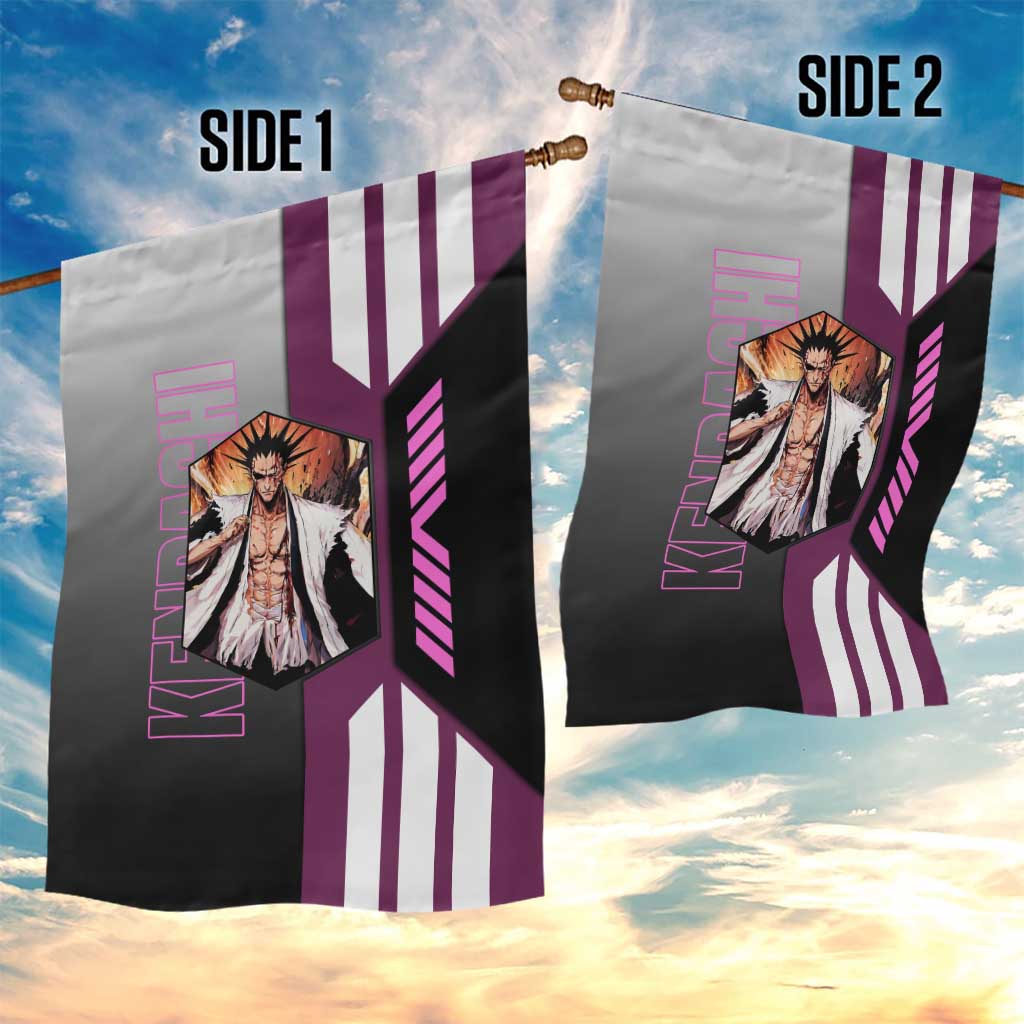 Kenpachi Zaraki from Bleach Garden Flag with Sword and Battle Ready Pose Design - The Mazicc