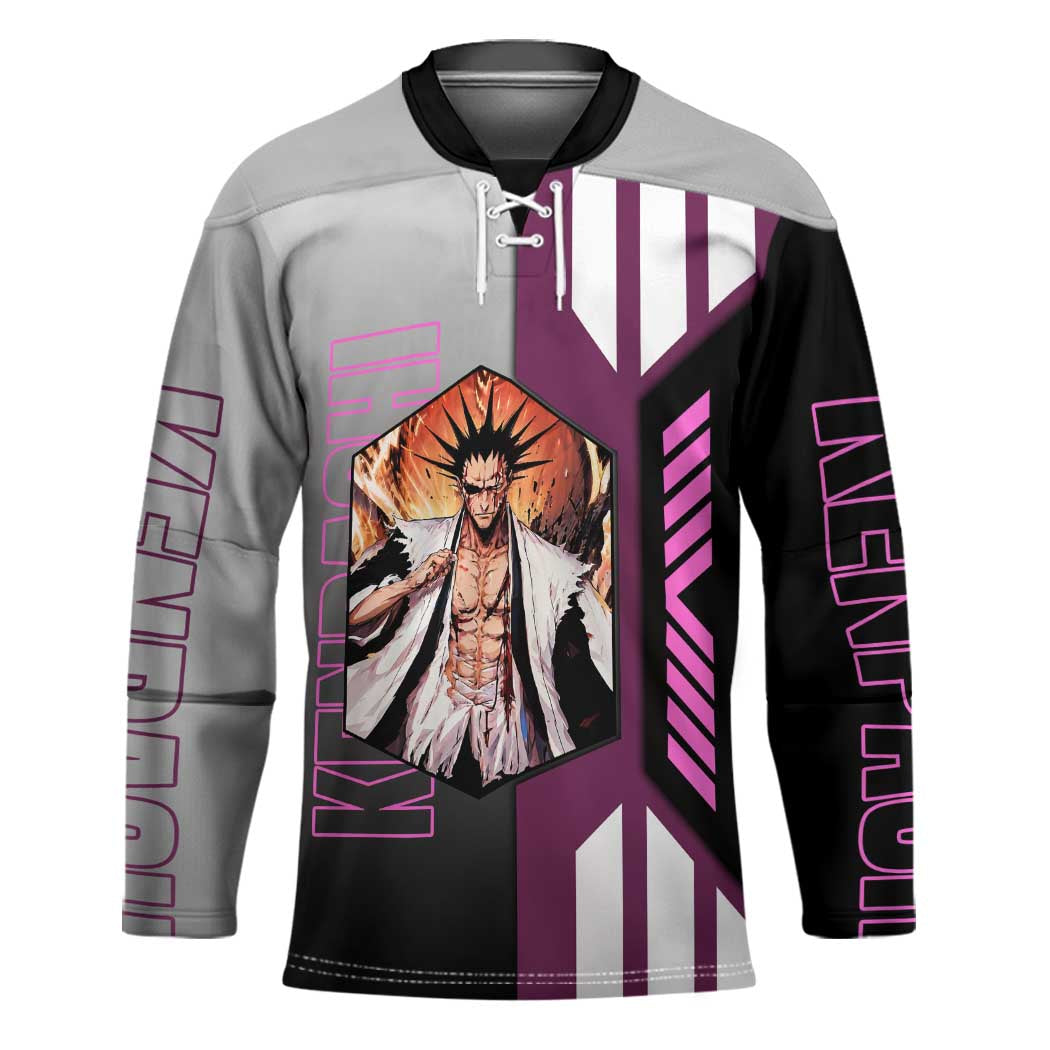 Kenpachi Zaraki from Bleach Hockey Jersey with Sword and Battle Ready Pose Design - The Mazicc