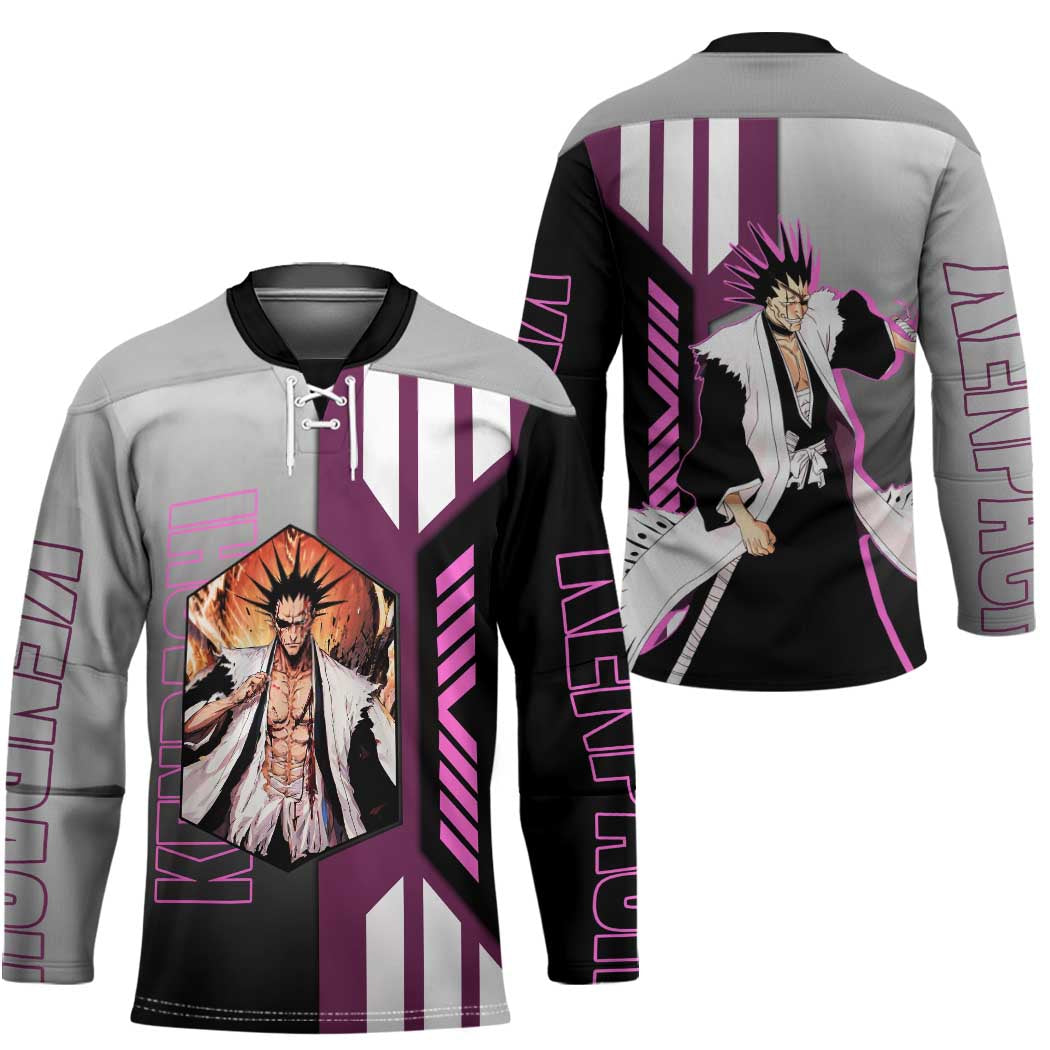 Kenpachi Zaraki from Bleach Hockey Jersey with Sword and Battle Ready Pose Design - The Mazicc