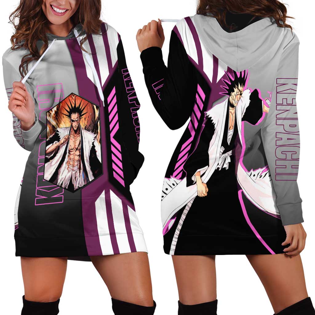 Kenpachi Zaraki from Bleach Hoodie Dress with Sword and Battle Ready Pose Design - The Mazicc