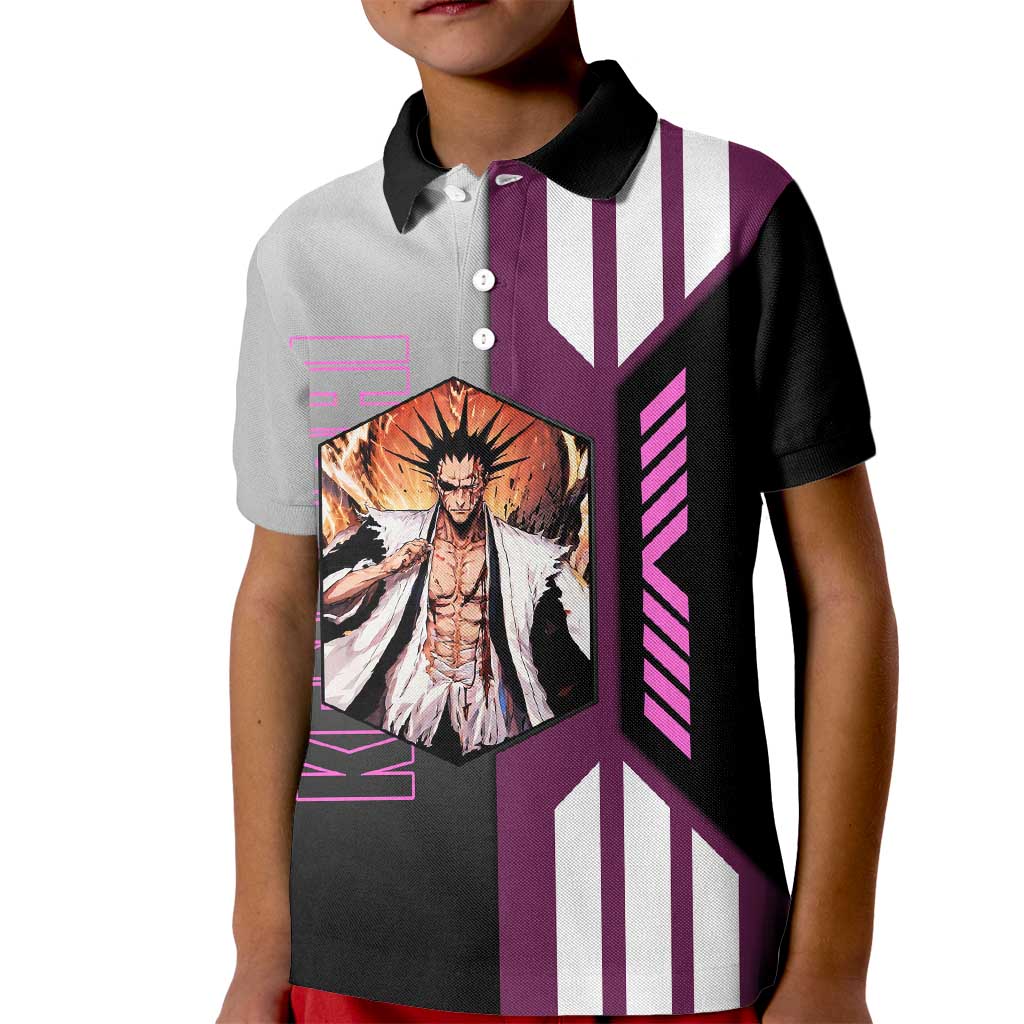 Kenpachi Zaraki from Bleach Kid Polo Shirt with Sword and Battle Ready Pose Design - The Mazicc