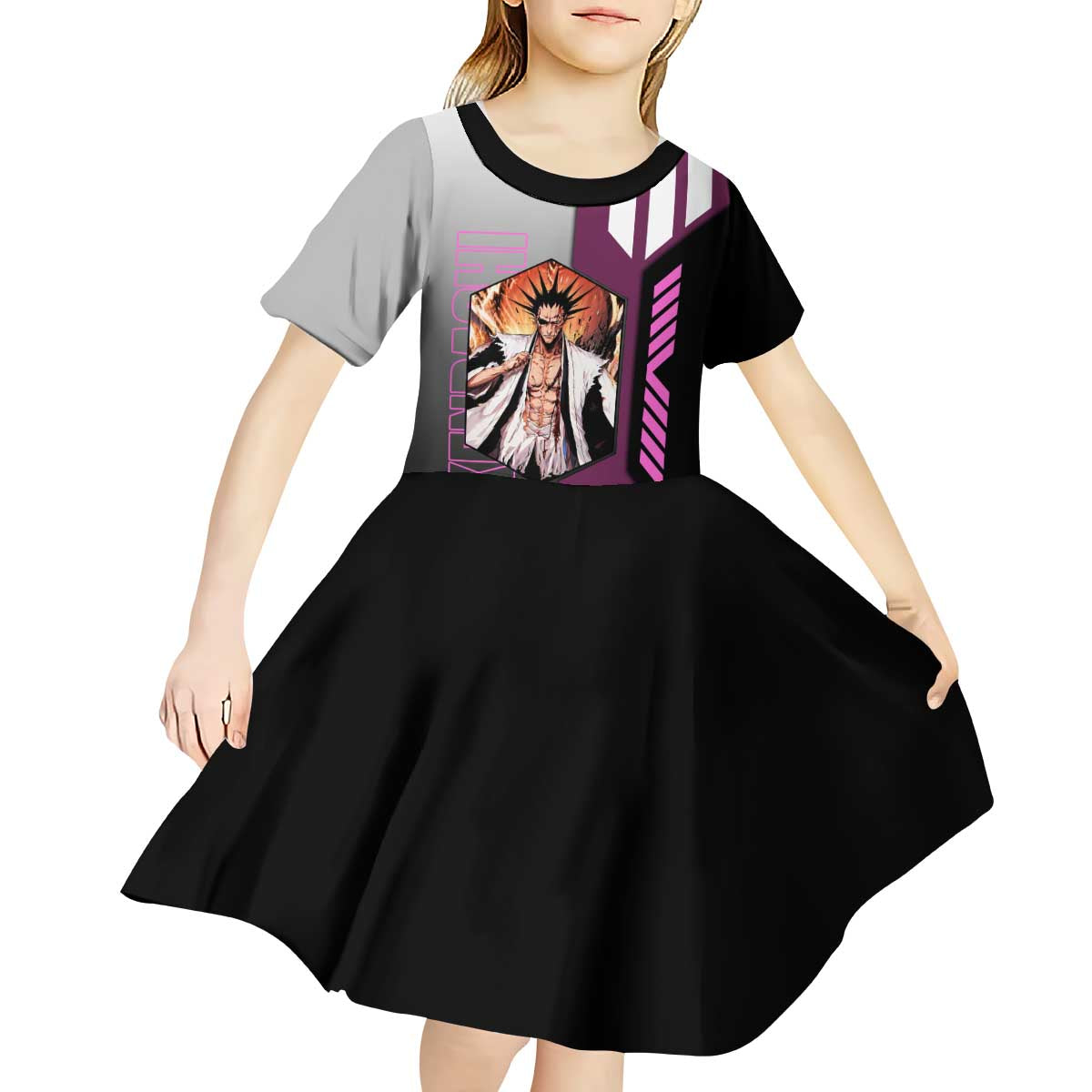 Kenpachi Zaraki from Bleach Kid Short Sleeve Dress with Sword and Battle Ready Pose Design - The Mazicc