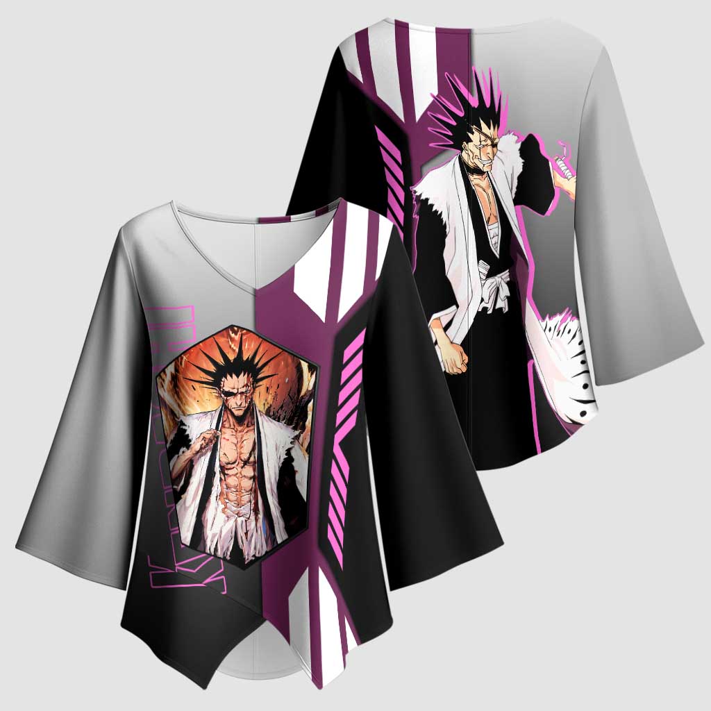 Kenpachi Zaraki from Bleach Kimono Sleeve Blouse with Sword and Battle Ready Pose Design - The Mazicc