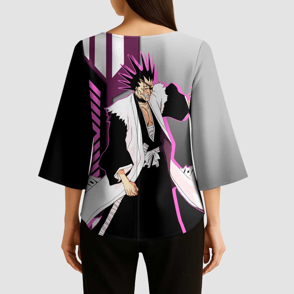 Kenpachi Zaraki from Bleach Kimono Sleeve Blouse with Sword and Battle Ready Pose Design - The Mazicc