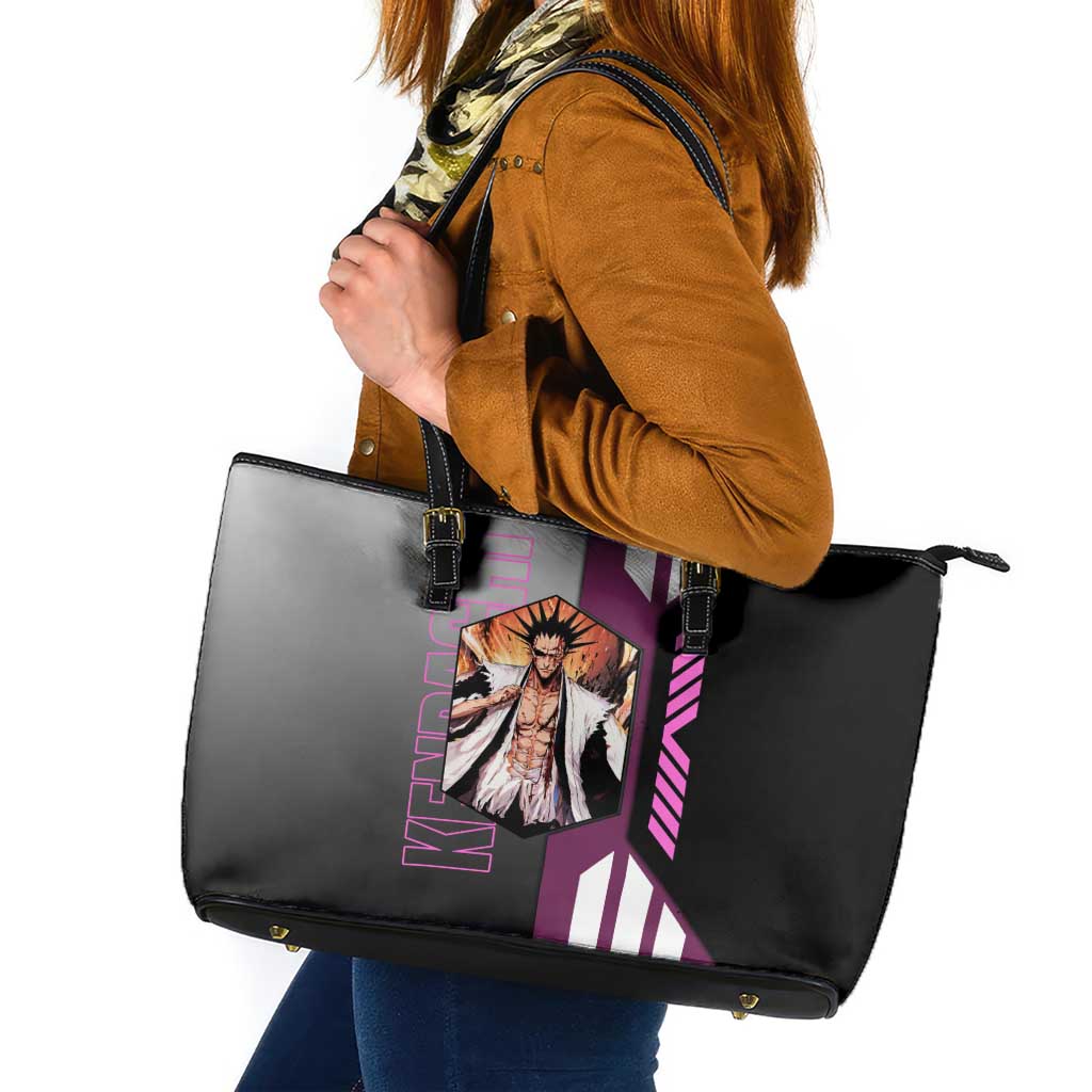 Kenpachi Zaraki from Bleach Leather Tote Bag with Sword and Battle Ready Pose Design - The Mazicc