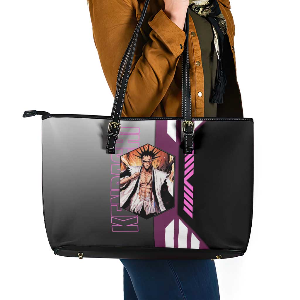 Kenpachi Zaraki from Bleach Leather Tote Bag with Sword and Battle Ready Pose Design - The Mazicc