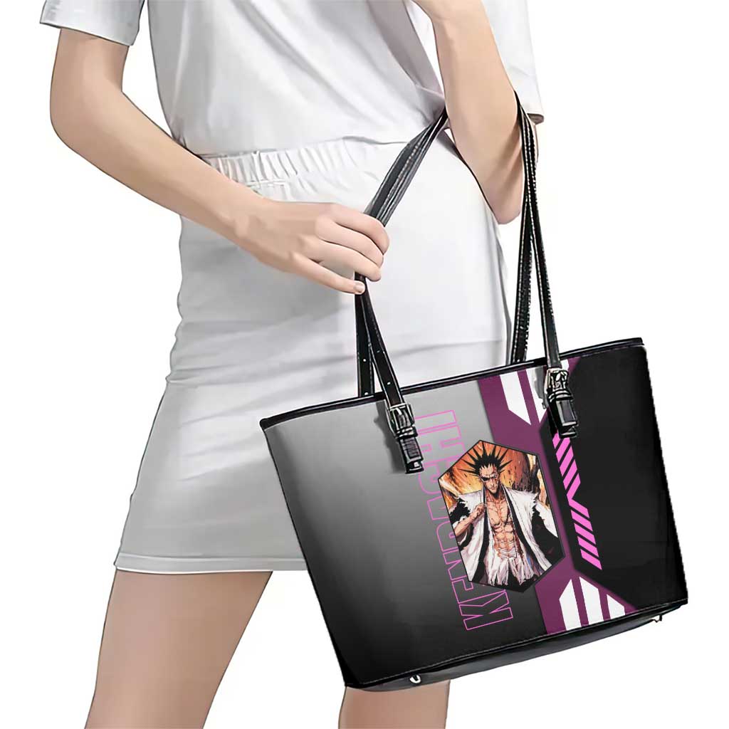 Kenpachi Zaraki from Bleach Leather Tote Bag with Sword and Battle Ready Pose Design - The Mazicc