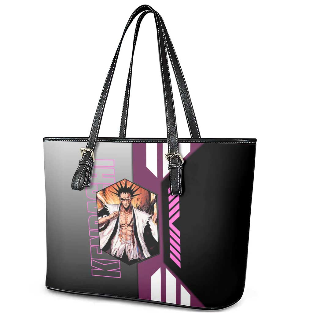 Kenpachi Zaraki from Bleach Leather Tote Bag with Sword and Battle Ready Pose Design - The Mazicc