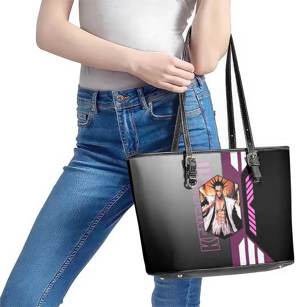 Kenpachi Zaraki from Bleach Leather Tote Bag with Sword and Battle Ready Pose Design - The Mazicc