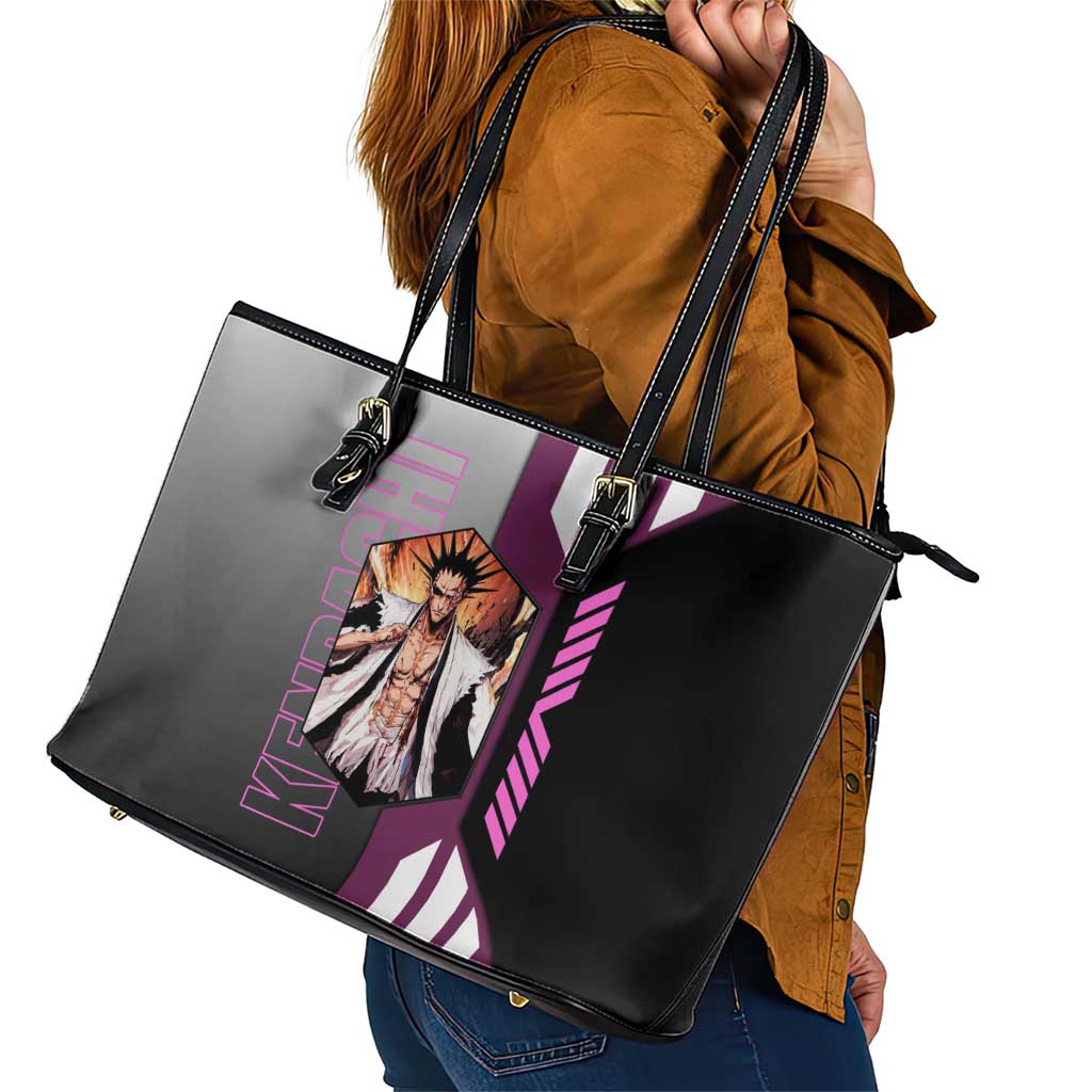 Kenpachi Zaraki from Bleach Leather Tote Bag with Sword and Battle Ready Pose Design - The Mazicc