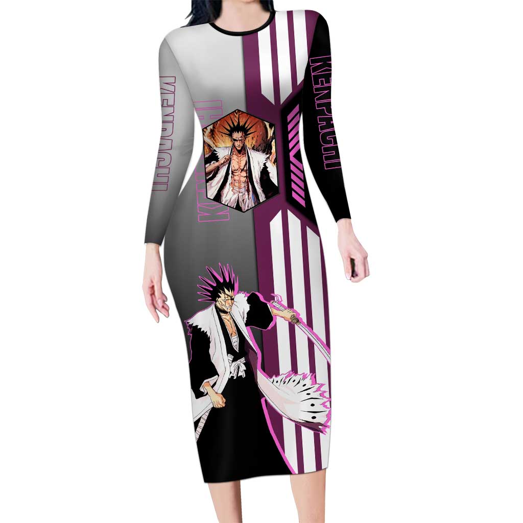 Kenpachi Zaraki from Bleach Long Sleeve Bodycon Dress with Sword and Battle Ready Pose Design - The Mazicc
