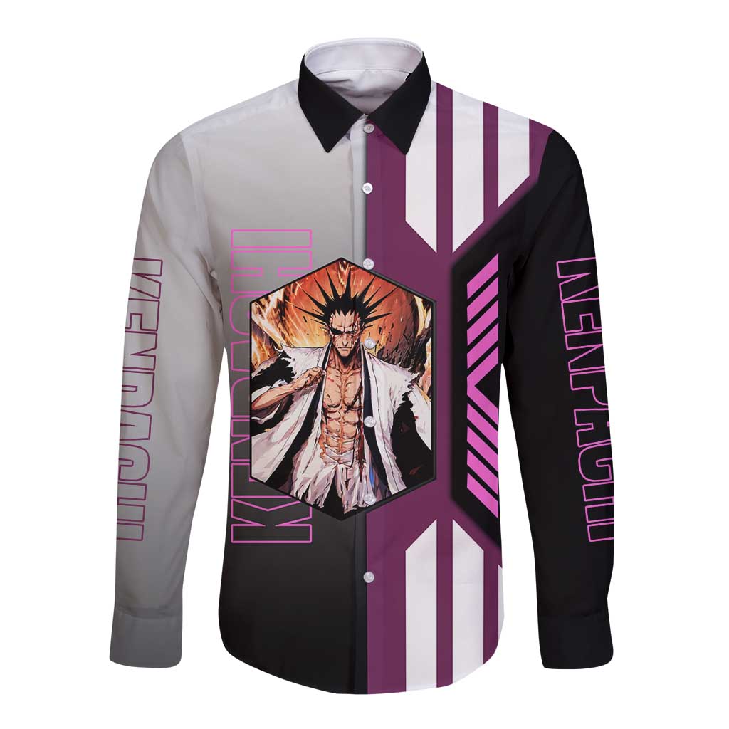 Kenpachi Zaraki from Bleach Long Sleeve Button Shirt with Sword and Battle Ready Pose Design - The Mazicc