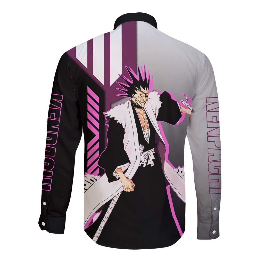 Kenpachi Zaraki from Bleach Long Sleeve Button Shirt with Sword and Battle Ready Pose Design - The Mazicc