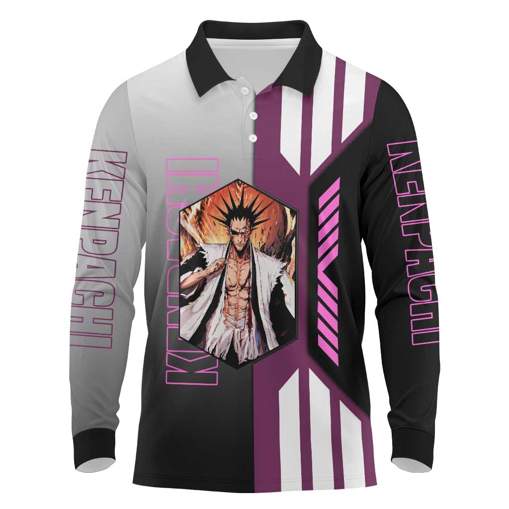 Kenpachi Zaraki from Bleach Long Sleeve Polo Shirt with Sword and Battle Ready Pose Design - The Mazicc