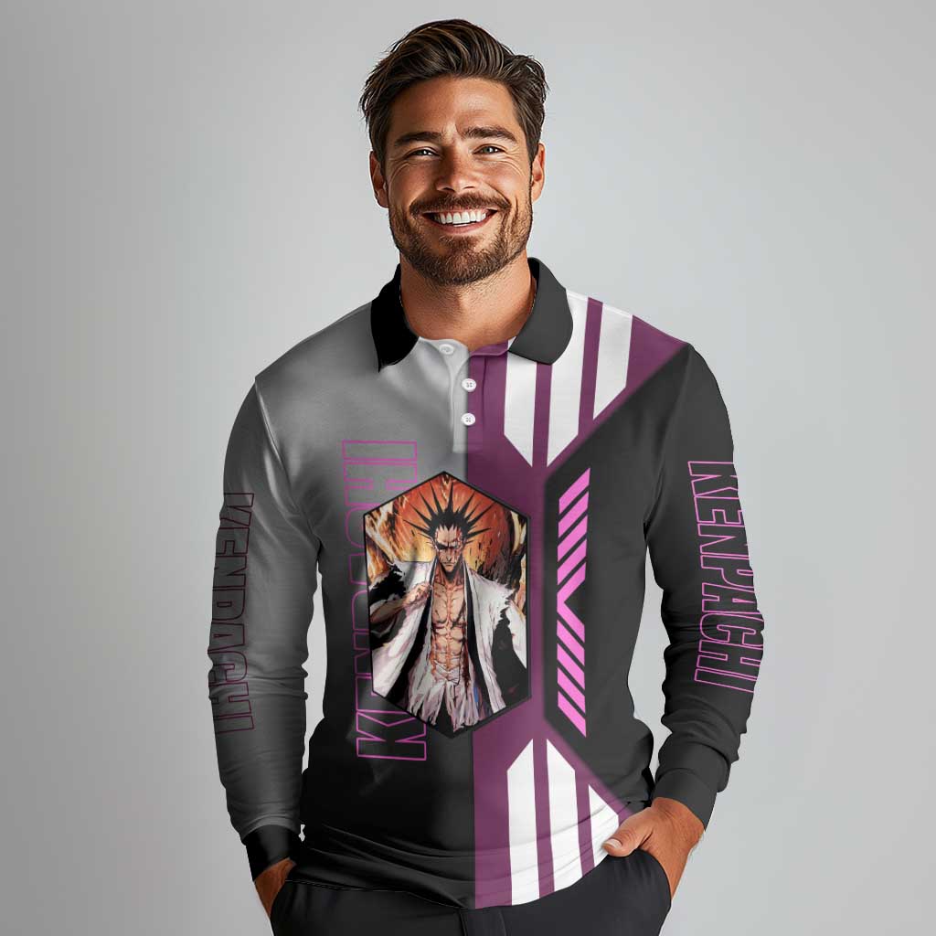 Kenpachi Zaraki from Bleach Long Sleeve Polo Shirt with Sword and Battle Ready Pose Design - The Mazicc
