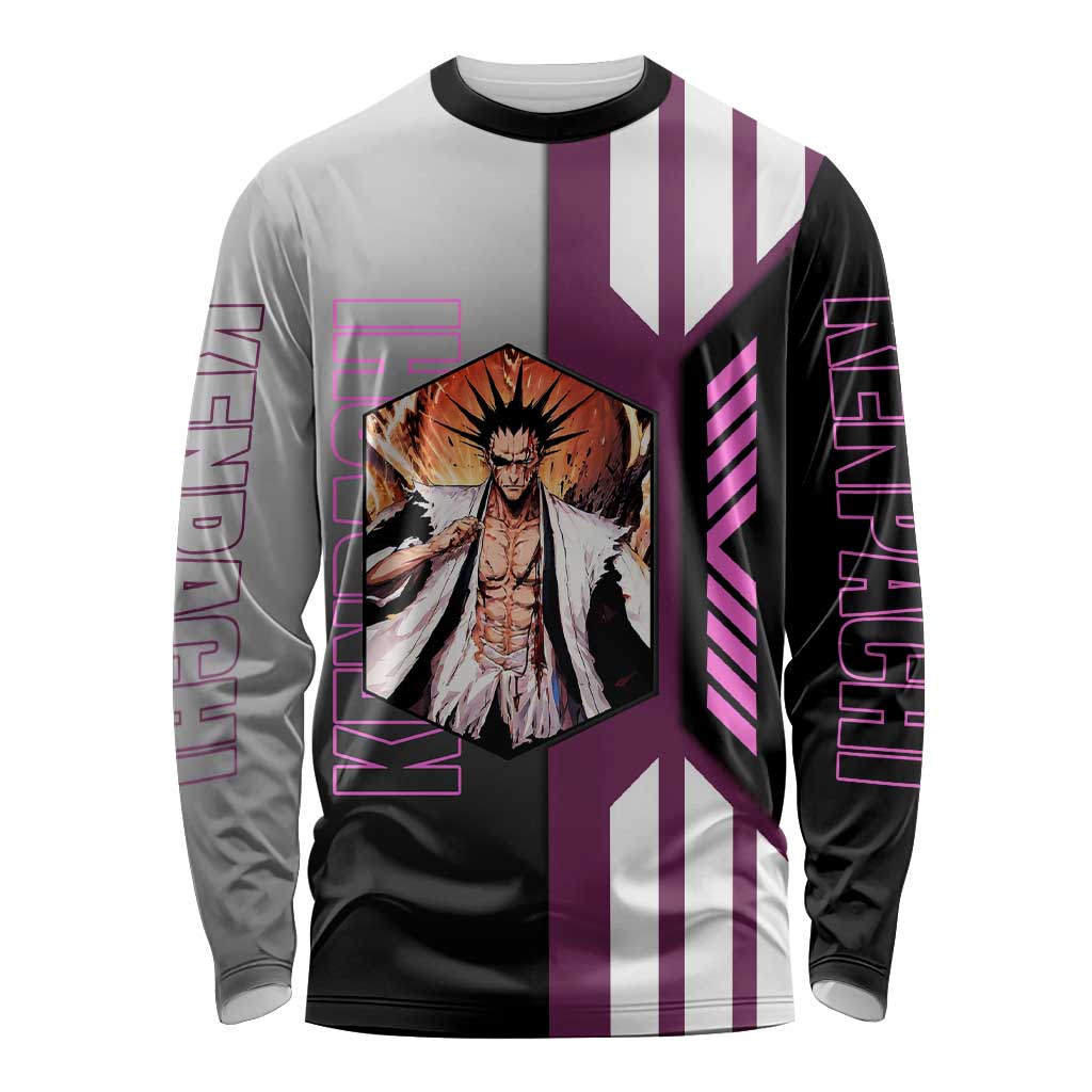 Kenpachi Zaraki from Bleach Long Sleeve Shirt with Sword and Battle Ready Pose Design - The Mazicc