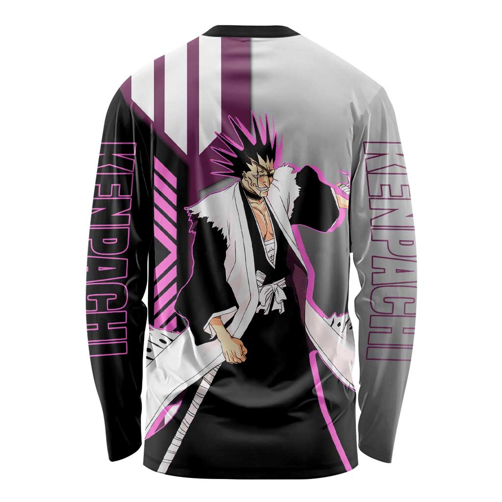 Kenpachi Zaraki from Bleach Long Sleeve Shirt with Sword and Battle Ready Pose Design - The Mazicc