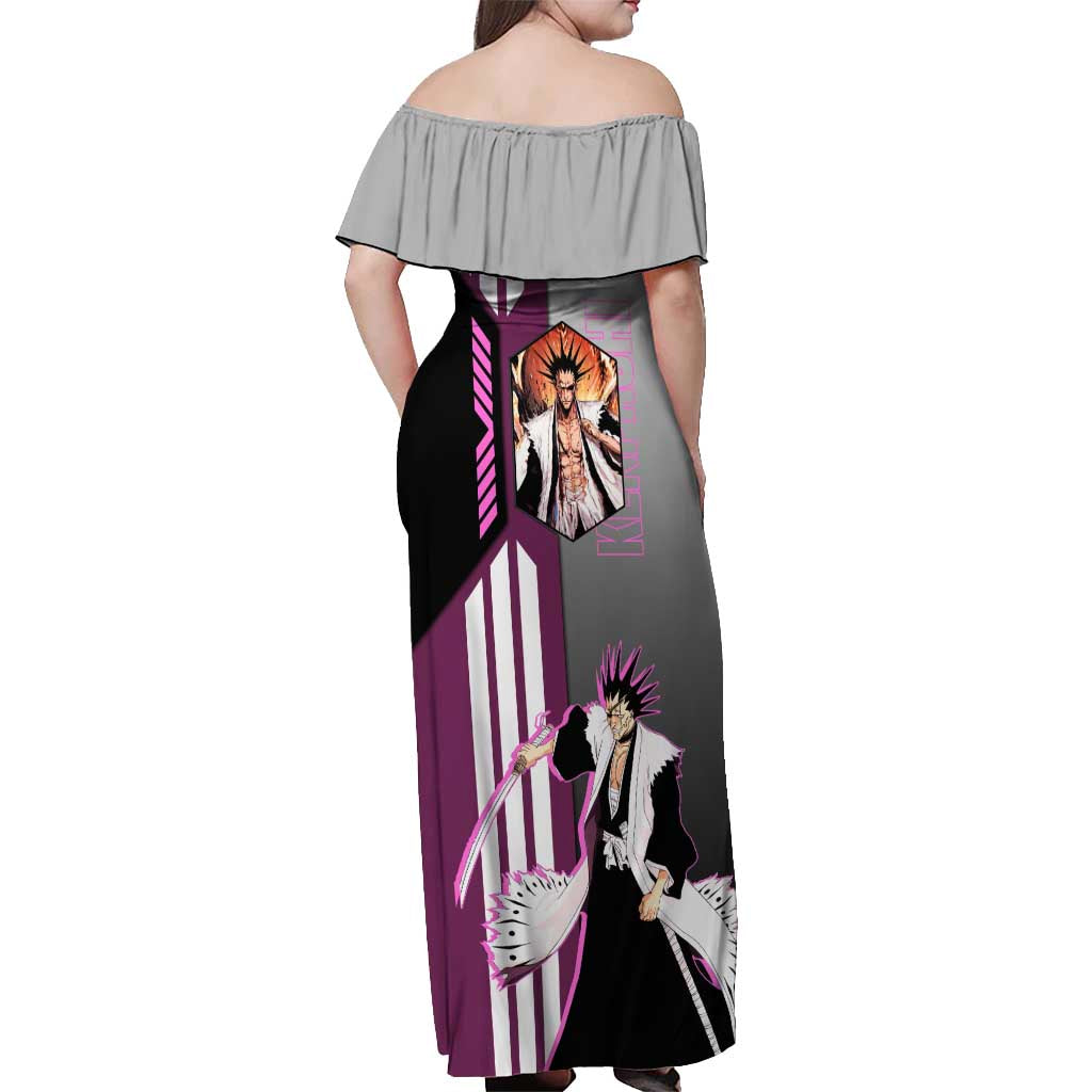 Kenpachi Zaraki from Bleach Off Shoulder Maxi Dress with Sword and Battle Ready Pose Design - The Mazicc