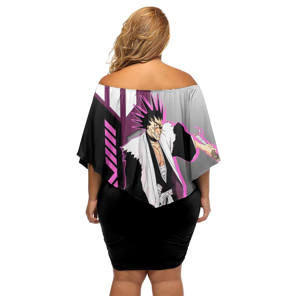 Kenpachi Zaraki from Bleach Off Shoulder Short Dress with Sword and Battle Ready Pose Design - The Mazicc