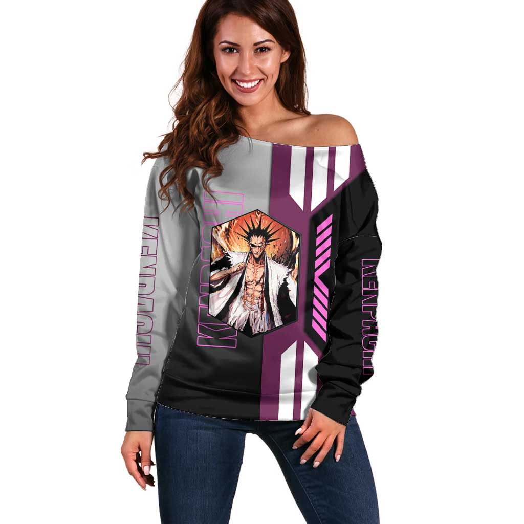 Kenpachi Zaraki from Bleach Off Shoulder Sweater with Sword and Battle Ready Pose Design - The Mazicc