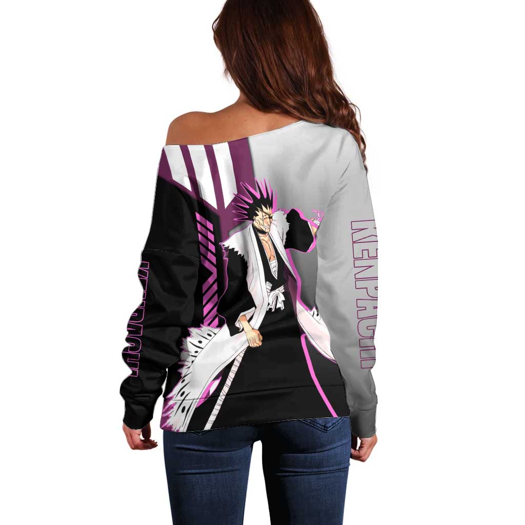 Kenpachi Zaraki from Bleach Off Shoulder Sweater with Sword and Battle Ready Pose Design - The Mazicc