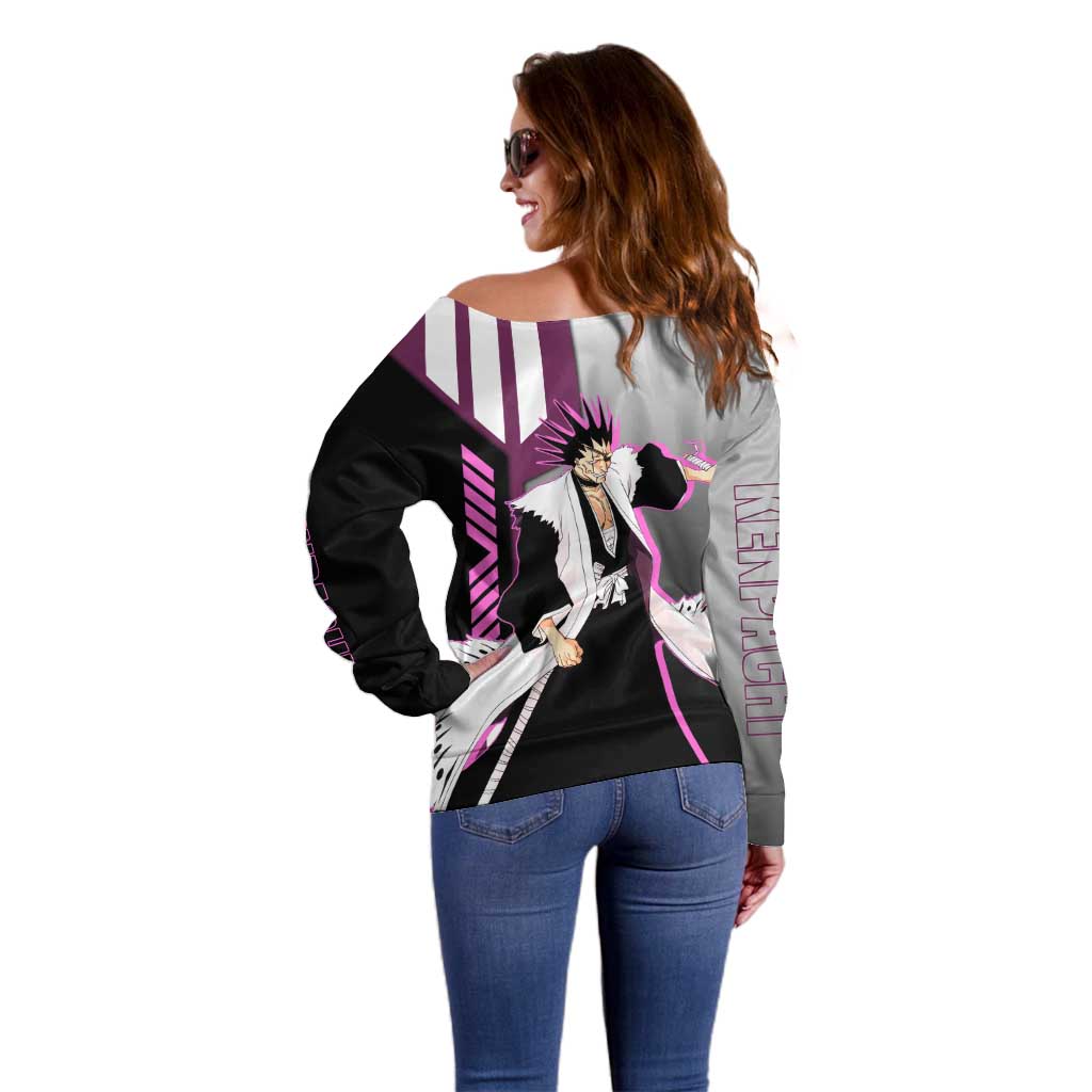 Kenpachi Zaraki from Bleach Off Shoulder Sweater with Sword and Battle Ready Pose Design - The Mazicc