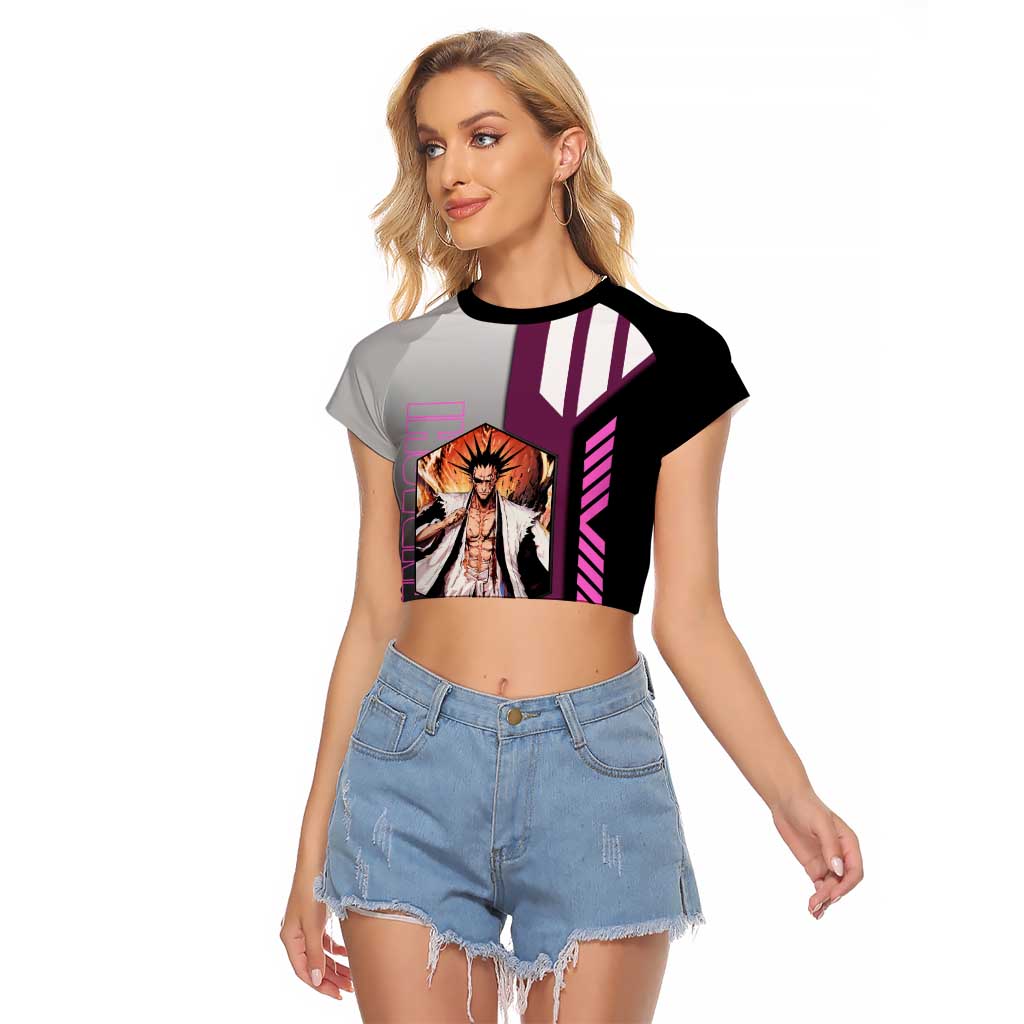 Kenpachi Zaraki from Bleach Raglan Cropped T Shirt with Sword and Battle Ready Pose Design - The Mazicc