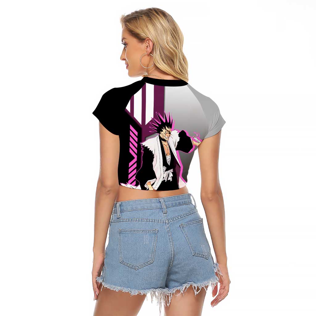 Kenpachi Zaraki from Bleach Raglan Cropped T Shirt with Sword and Battle Ready Pose Design - The Mazicc