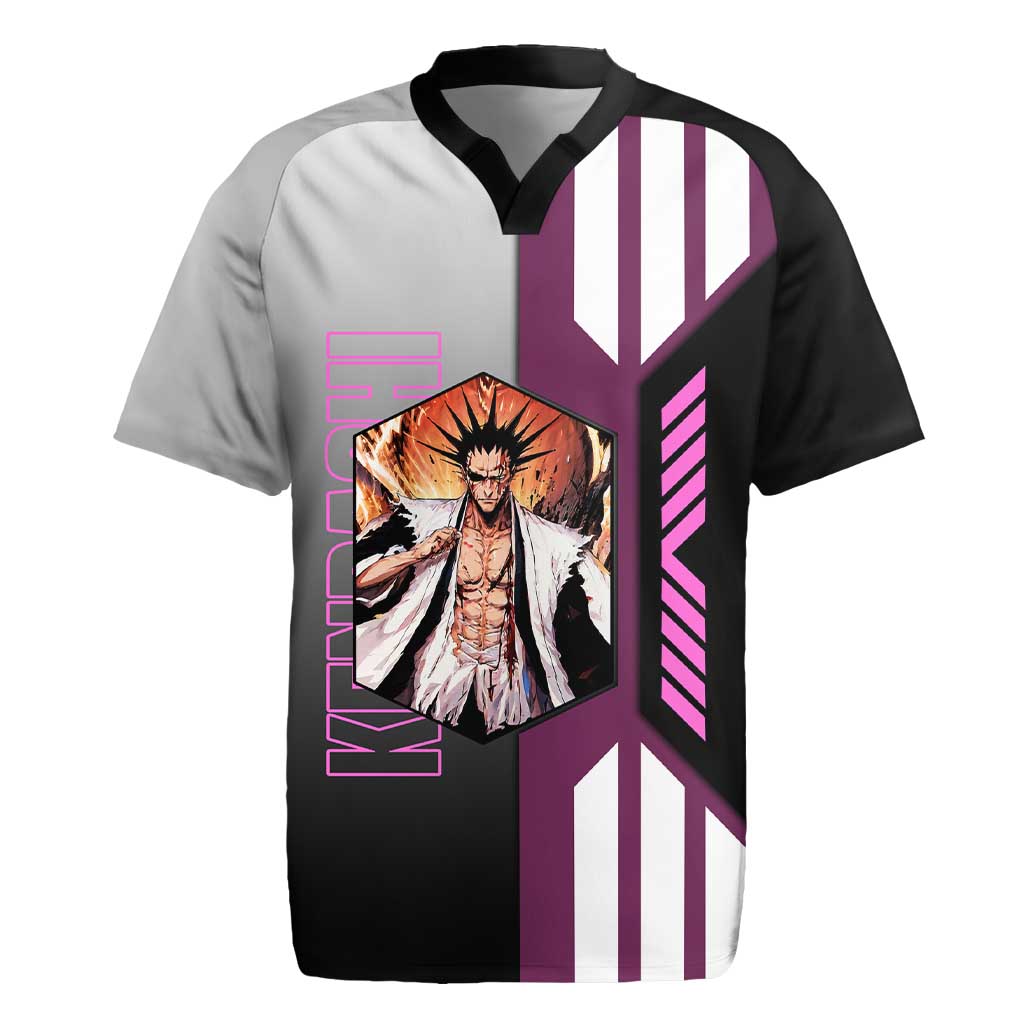 Kenpachi Zaraki from Bleach Rugby Jersey with Sword and Battle Ready Pose Design - The Mazicc