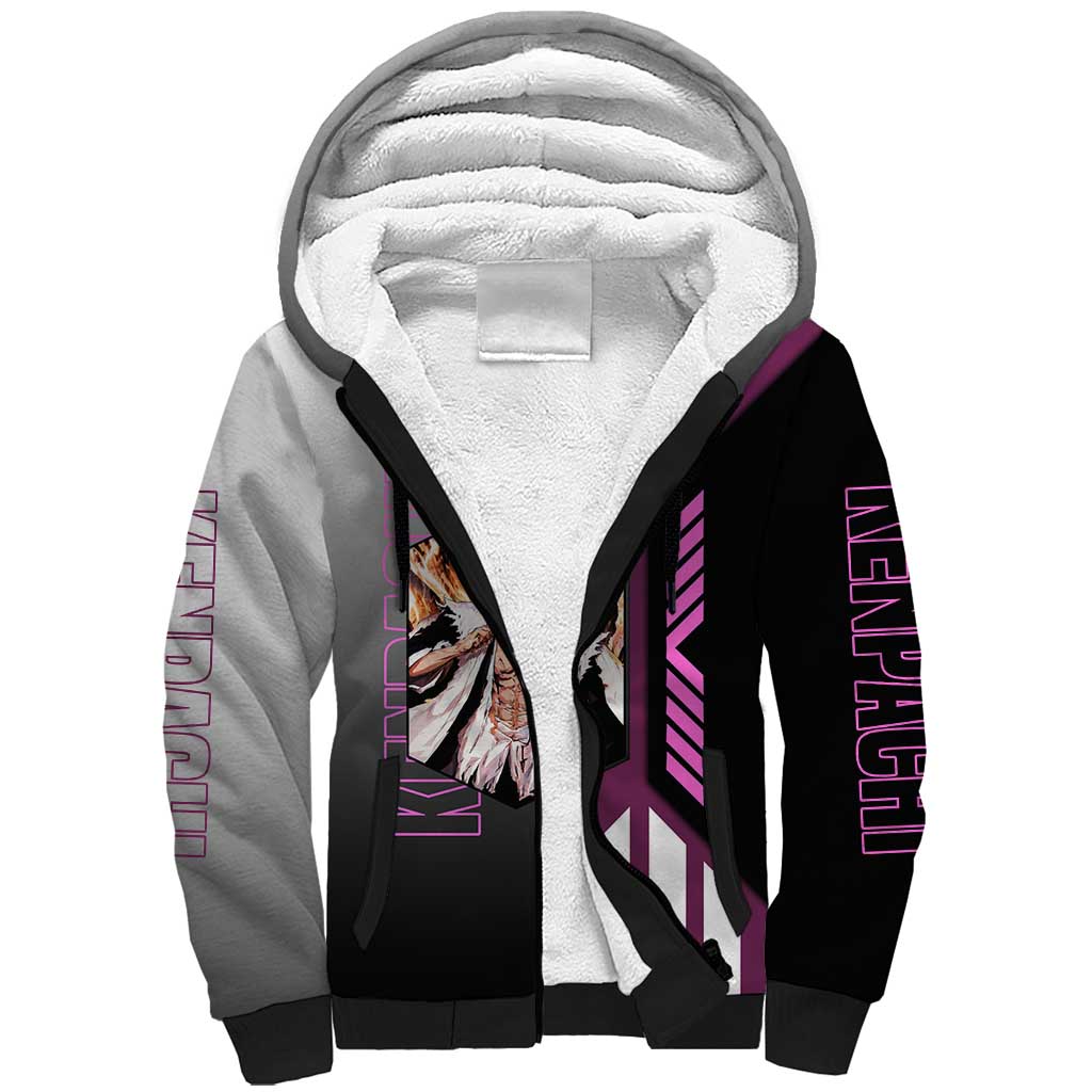 Kenpachi Zaraki from Bleach Sherpa Hoodie with Sword and Battle Ready Pose Design - The Mazicc