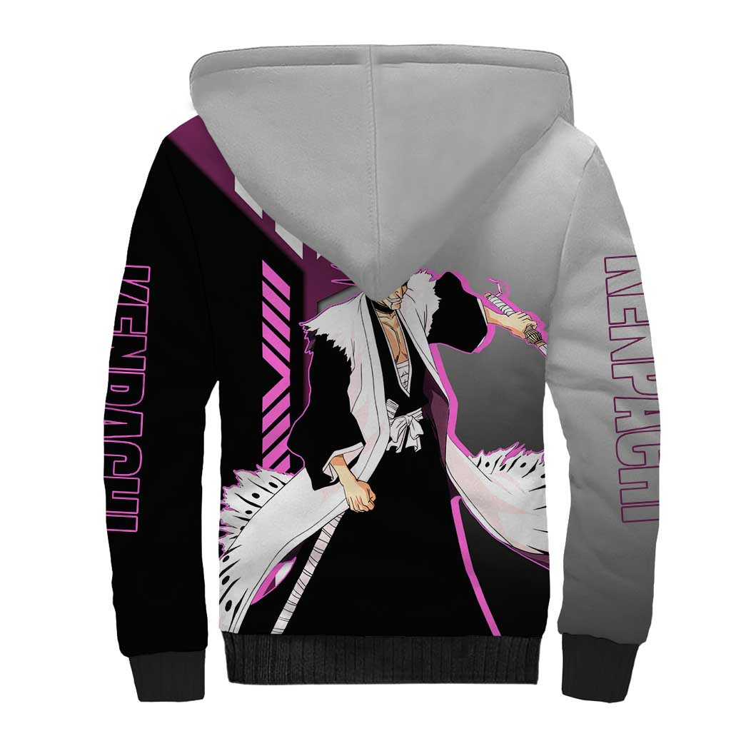 Kenpachi Zaraki from Bleach Sherpa Hoodie with Sword and Battle Ready Pose Design - The Mazicc