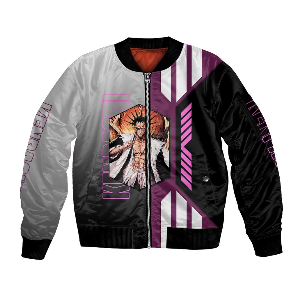 Kenpachi Zaraki from Bleach Sleeve Zip Bomber Jacket with Sword and Battle Ready Pose Design - The Mazicc