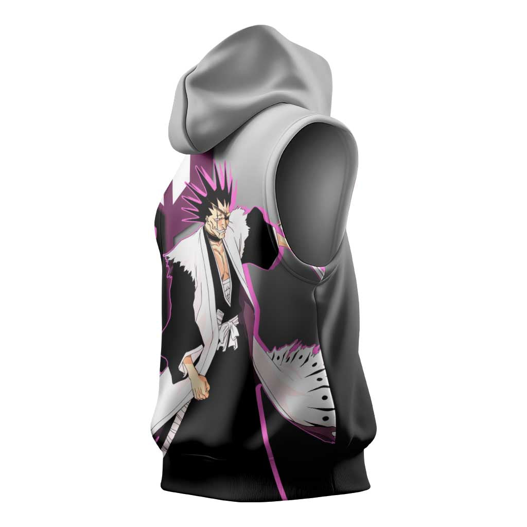 Kenpachi Zaraki from Bleach Sleeveless Hoodie with Sword and Battle Ready Pose Design - The Mazicc